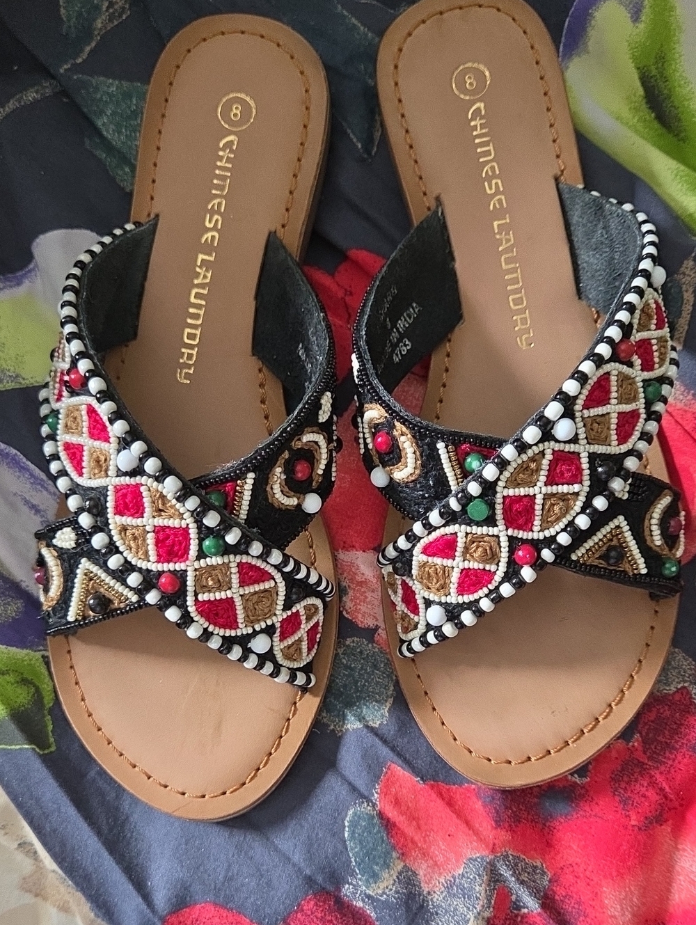 Chinese Laundry Black Slide Sandals with Multicolor Bead Embellishment
